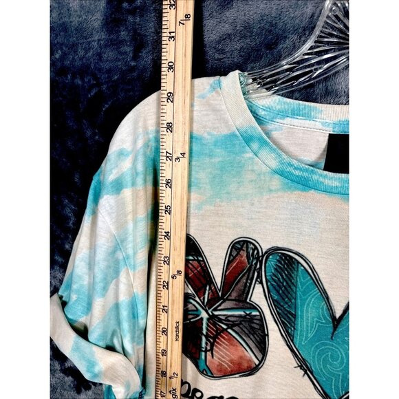 Women’s T-shirt Peace Love And Boots Cowgirl Bleached Blue Shirt Size Large - Picture 7 of 10
